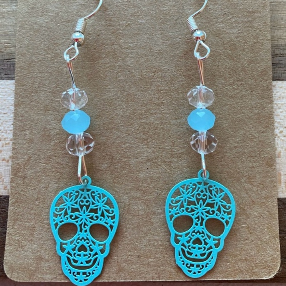 Hand Crafted Turquoise Beaded Filigree Sugar Skull Dangle Earrings